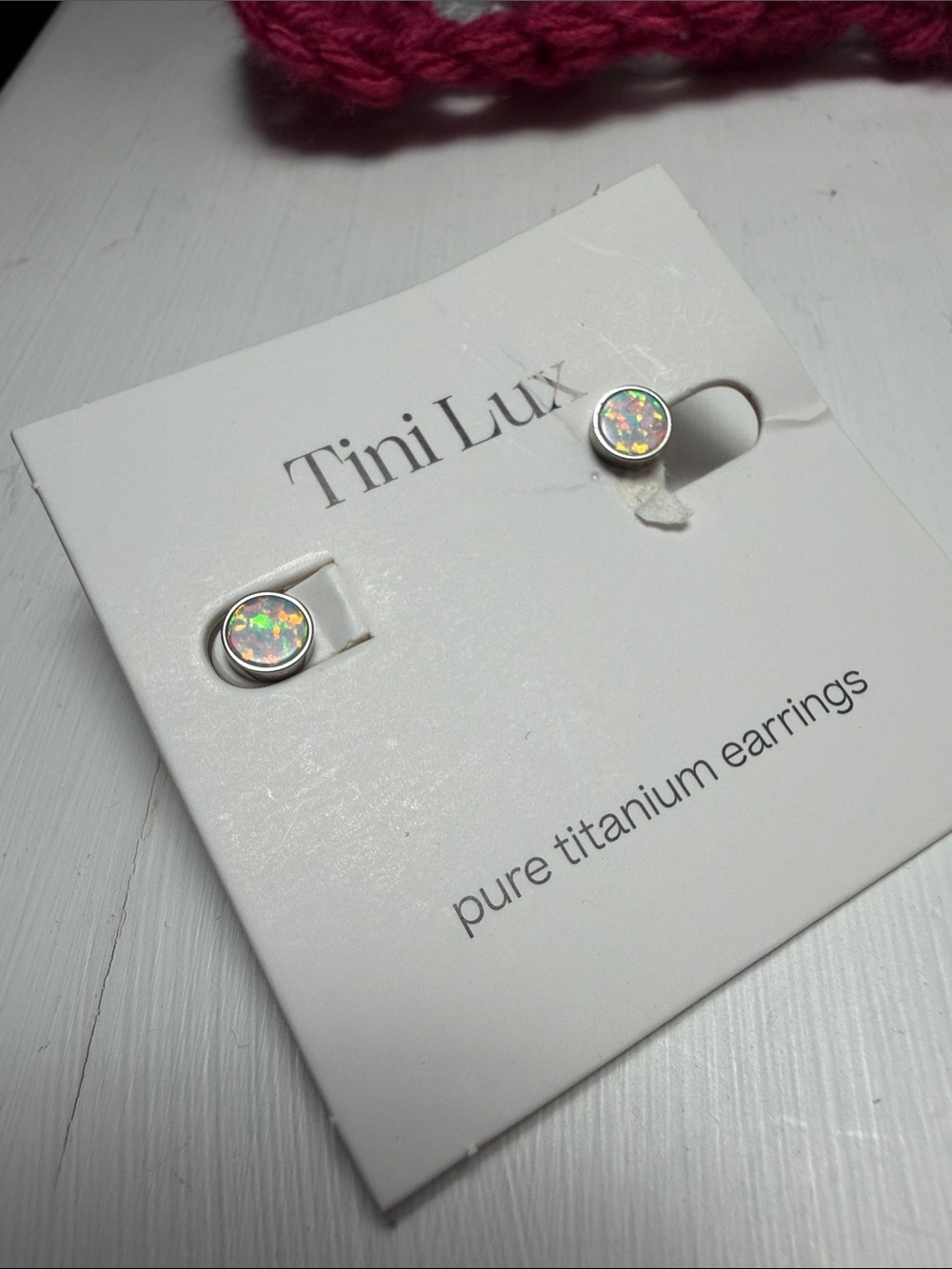 Tini Lux Titanium Stud Earrings - Iridescent White Opal
